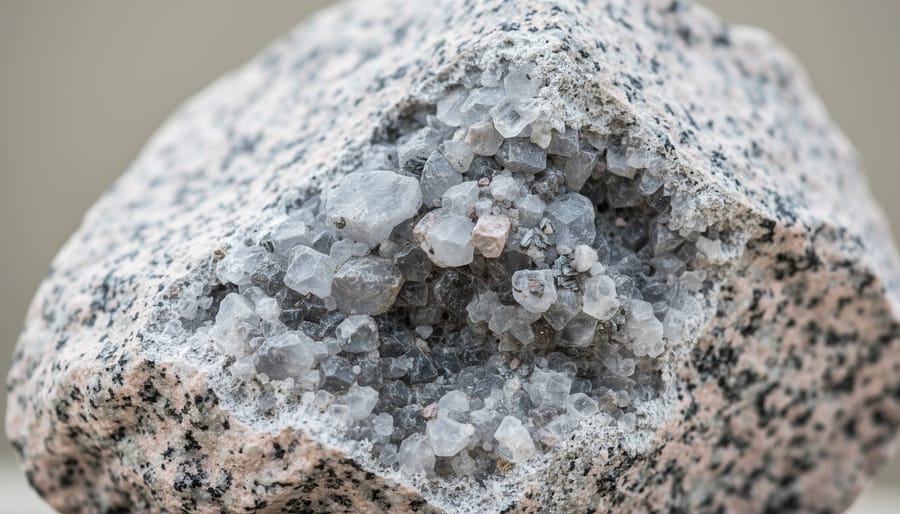 Close-up cross-section of polished granite showing crystalline mineral structure