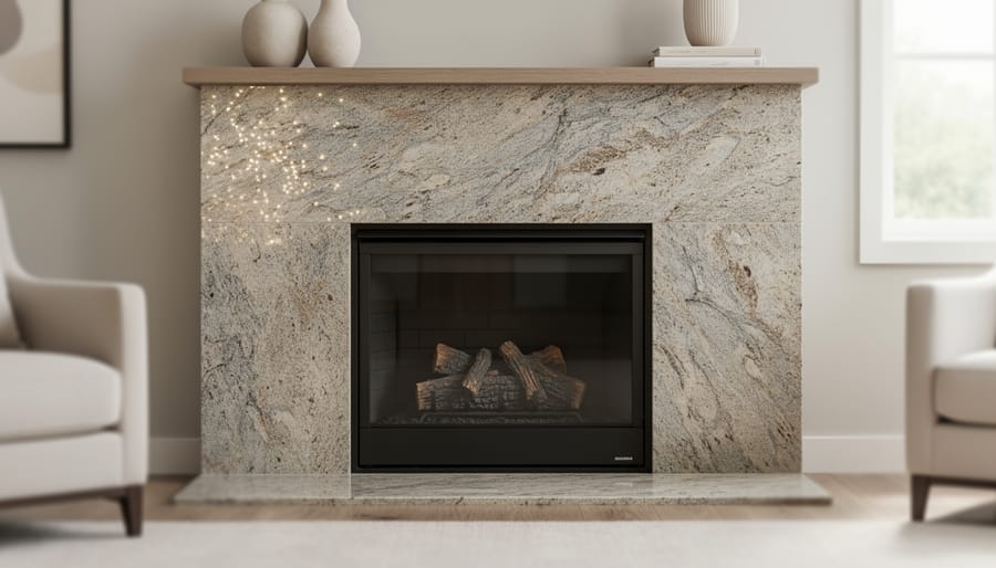 Close-up detail of polished granite fireplace surface showing natural patterns