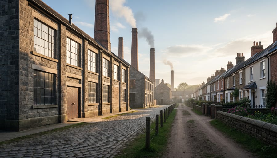 Large granite industrial mill building from the Industrial Revolution era showing permanent stone construction