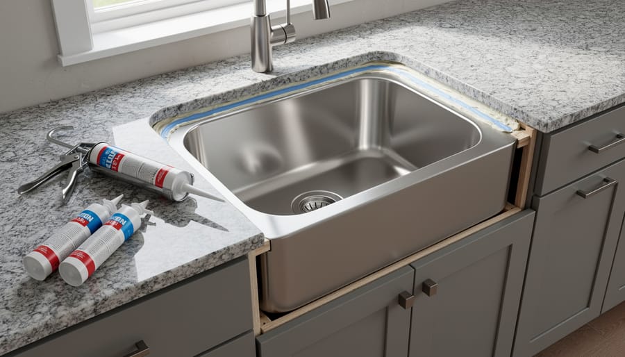 Collection of adhesives, epoxy, and silicone sealants for granite countertop installation