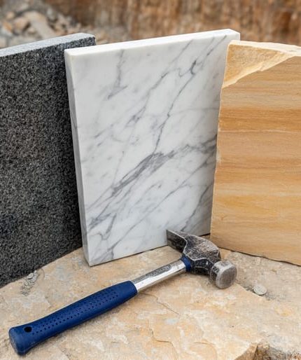 Close-up three-quarter overhead view of polished granite, white-veined marble, and warm sandstone slabs on a rough stone surface next to a geologist’s hammer, with a quarry wall softly blurred in the background under diffused daylight.