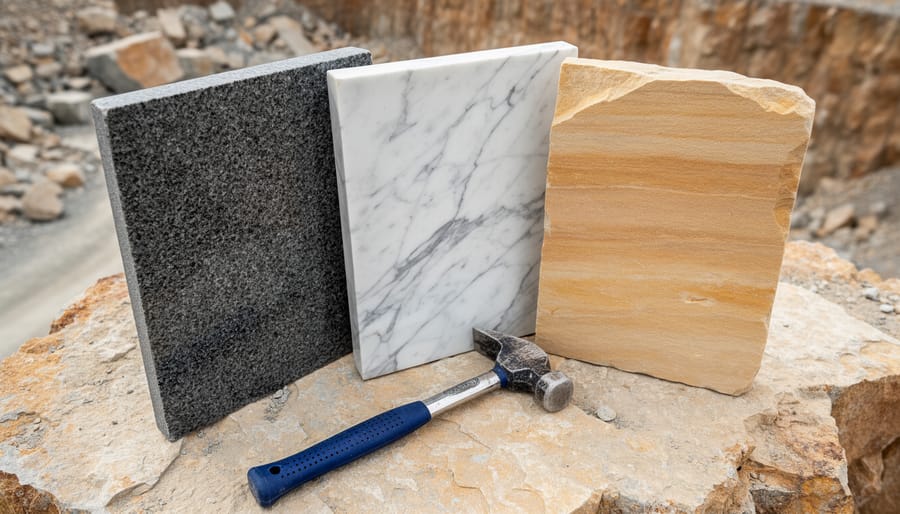 Close-up three-quarter overhead view of polished granite, white-veined marble, and warm sandstone slabs on a rough stone surface next to a geologist’s hammer, with a quarry wall softly blurred in the background under diffused daylight.