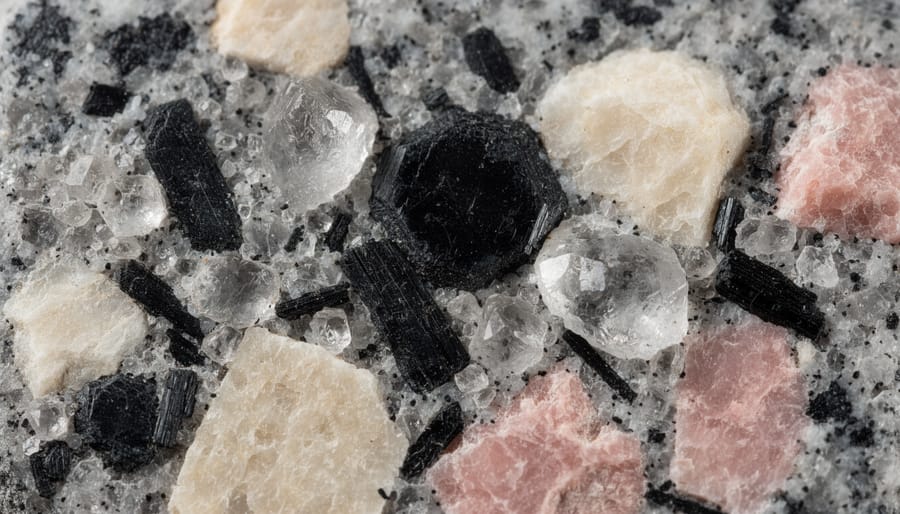Close-up of mineral crystals in polished granite showing quartz, feldspar, and mica