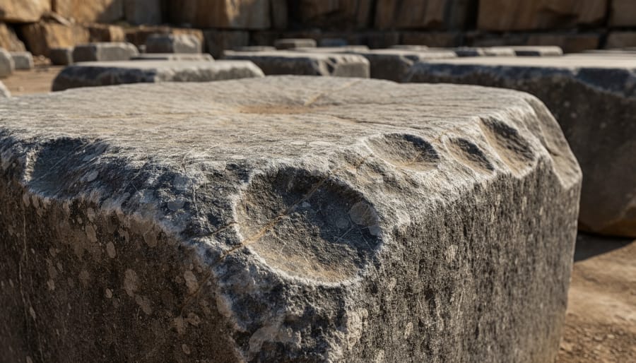 Close-up of worn granite surface showing texture and grip wear patterns from traditional stone lifting