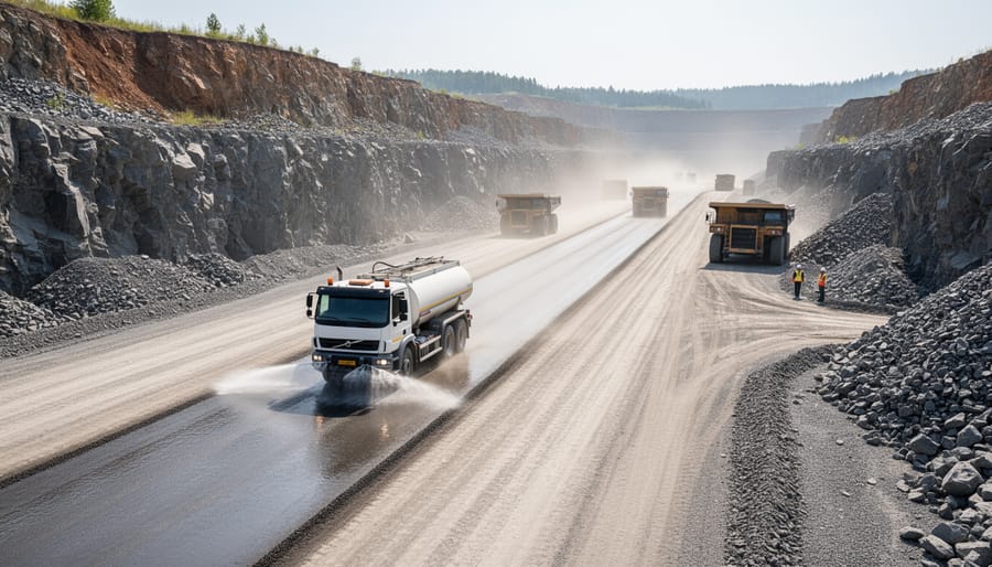 Water truck applying dust suppressant to quarry haul road with dump truck