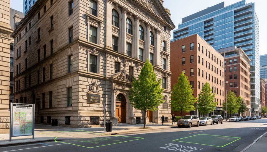 Historic preserved stone building with architectural details in designated heritage district