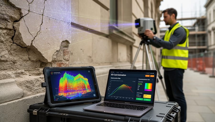 Conservation specialist using laser scanner to document historic stone facade condition