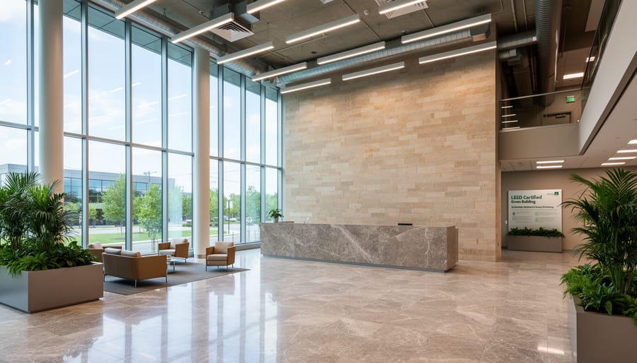 LEED certified commercial building with natural stone facade exterior