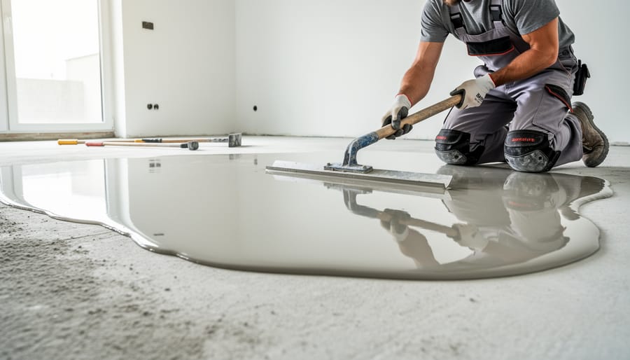 Construction worker applying self-leveling compound to concrete floor with trowel