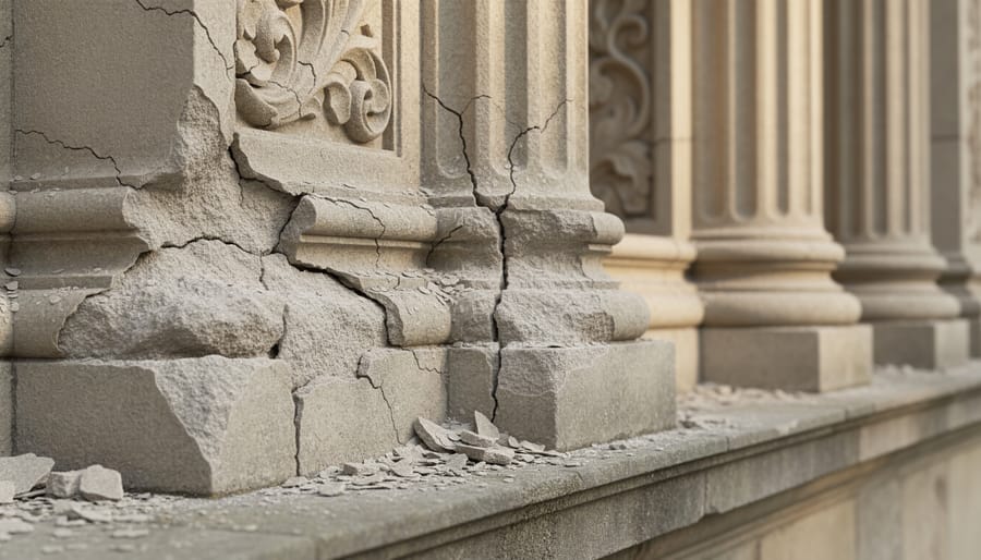 Close-up of deteriorating limestone showing cracks and erosion damage from climate exposure