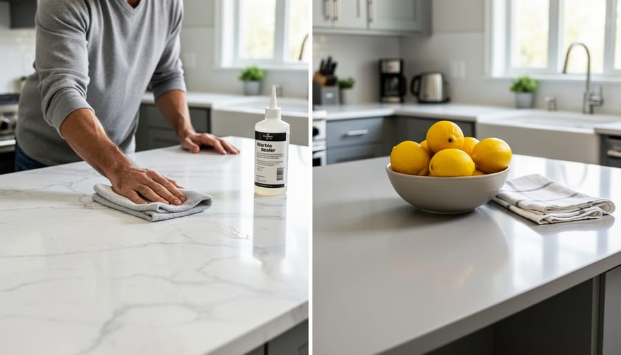 Person applying sealer to white marble countertop with cloth