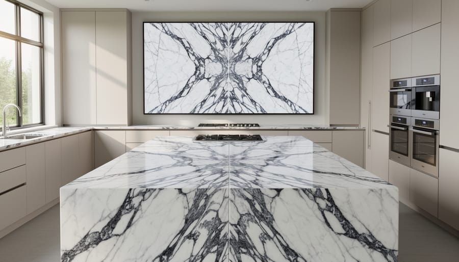 Luxury kitchen featuring white marble island with dramatic grey veining patterns