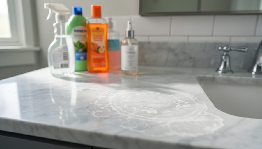 Comparison of new marble surface versus acid-etched damaged marble in bathroom