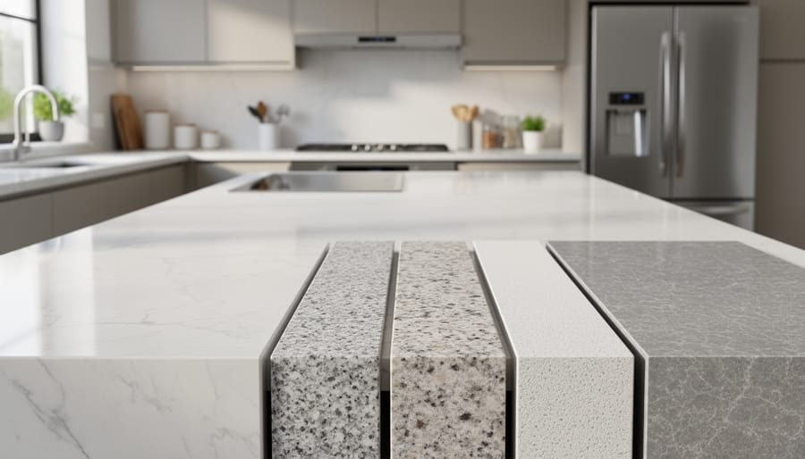 Modern kitchen with polished marble island countertop and dark cabinetry