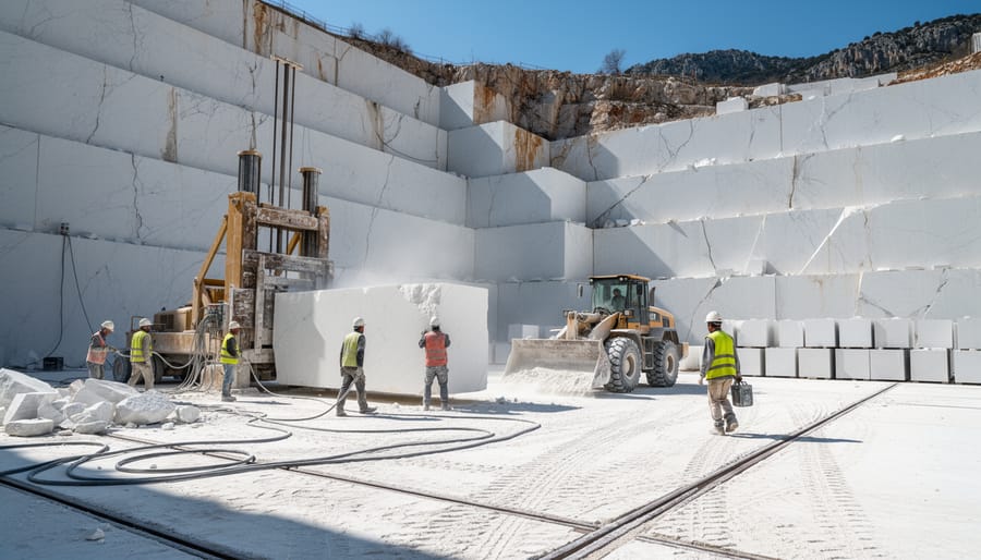 Large-scale marble quarry operation showing extraction of white marble blocks from mountain