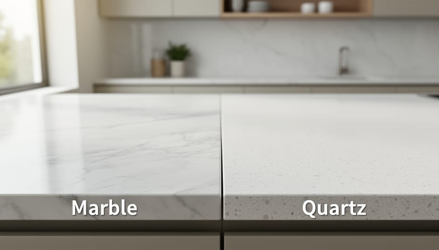 Marble and quartz countertop samples displayed side by side in modern kitchen setting