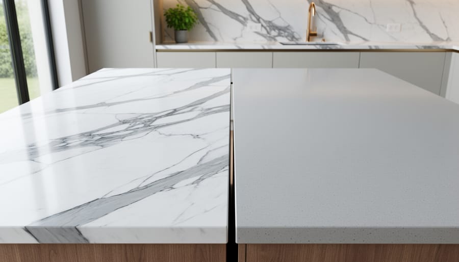 Two large slabs of Calacatta marble and light gray quartz displayed side by side on a modern kitchen island, with soft daylight and a blurred background of cabinetry, a brass faucet, and a small potted herb.