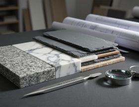 Close-up angled view of granite, marble, slate, and quartzite samples on a dark workbench with a metal scratch pick and hand lens, side-lit to emphasize texture and luster, with a blurred architecture studio and rolled plans in the background.