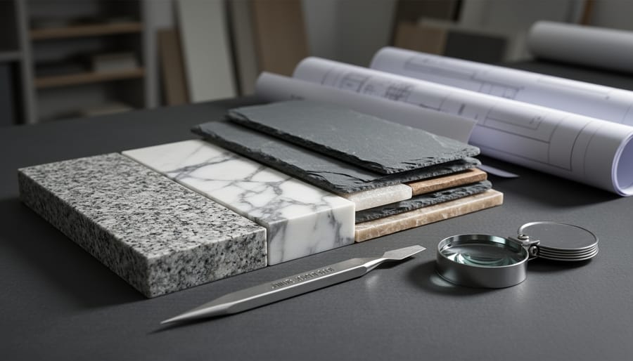 Close-up angled view of granite, marble, slate, and quartzite samples on a dark workbench with a metal scratch pick and hand lens, side-lit to emphasize texture and luster, with a blurred architecture studio and rolled plans in the background.