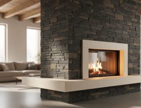 Floor-to-ceiling stacked slate fireplace wrapping a corner with a floating hearth and defined stone frame, illuminated by soft daylight in a high-ceiling living room with neutral sofa, wood beams, and built-in shelves.