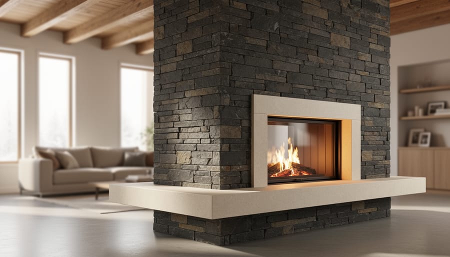 Floor-to-ceiling stacked slate fireplace wrapping a corner with a floating hearth and defined stone frame, illuminated by soft daylight in a high-ceiling living room with neutral sofa, wood beams, and built-in shelves.