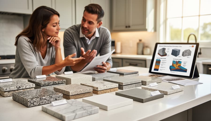 Modern kitchen interior featuring natural stone countertops with distinctive veining patterns