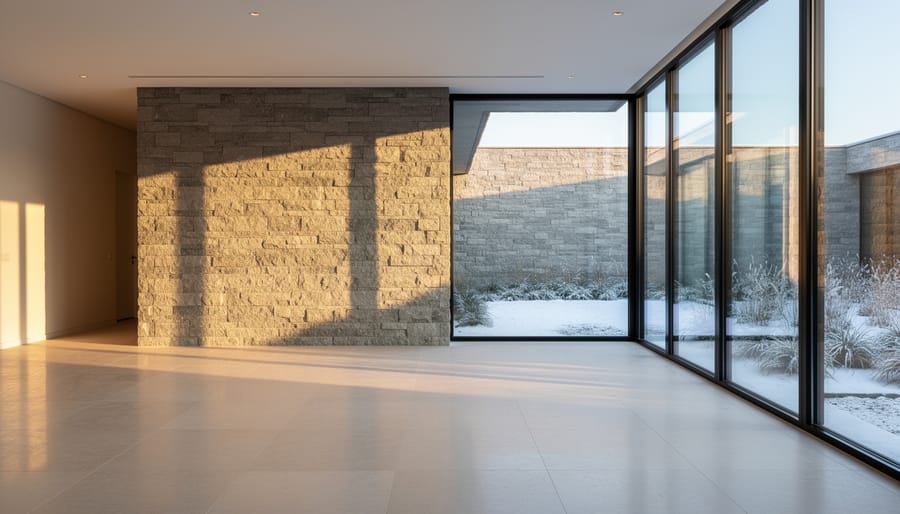 Modern interior with light limestone floors and accent wall illuminated by low winter sun through south-facing floor-to-ceiling windows, long shadows on the stone surface, snowy courtyard and native plants visible outside.