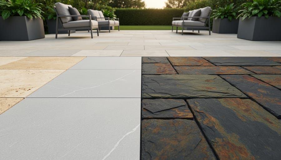 Three natural stone patio samples showing bluestone, travertine, and flagstone textures