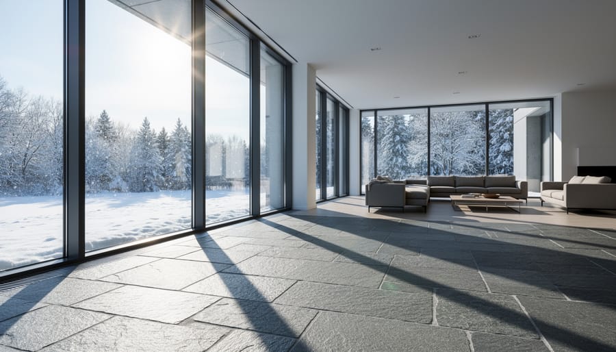 Stone flooring installation near large windows demonstrating passive solar design principles