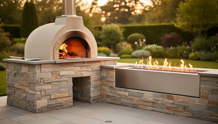 Outdoor pizza oven with natural limestone veneer stone surround