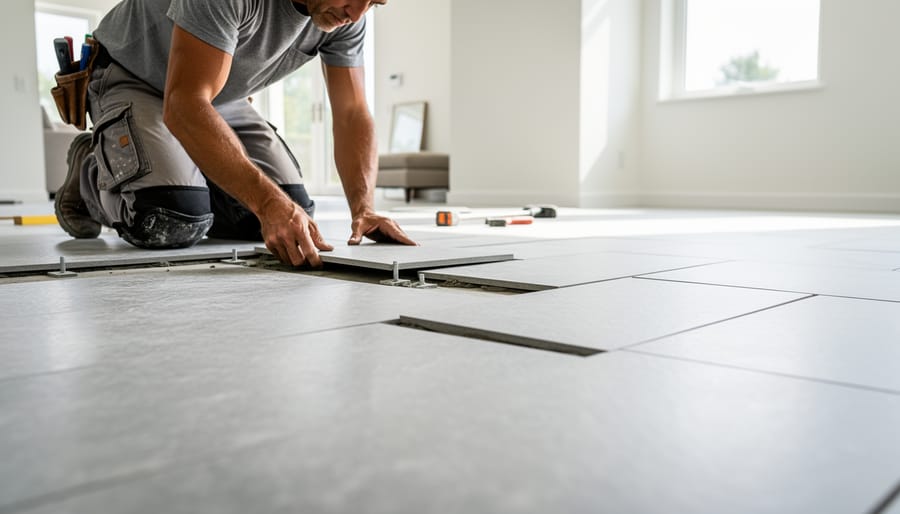 Professionally installed large format travertine floor with perfect alignment