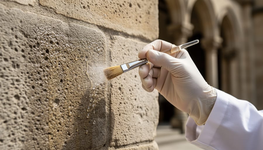 Conservation professional applying protective coating to historic sandstone surface