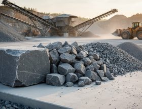Graded quarry stone sizes arranged from a large cut block to riprap, gravel, and fine dust on a concrete pad, photographed from a 45-degree angle with warm golden light; blurred conveyors, stockpiles, and a wheel loader in the background.