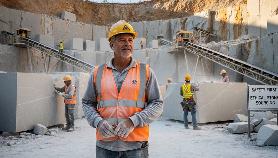 Quarry workers in safety equipment examining marble blocks at extraction site