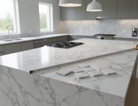 Modern kitchen with white and gray veined quartz island and perimeter countertops, visible edge profile, tape measure and quartz sample chips on the surface, soft natural daylight, matte cabinetry and stainless appliances subtly blurred in the background.