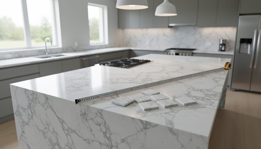 Modern kitchen with white and gray veined quartz island and perimeter countertops, visible edge profile, tape measure and quartz sample chips on the surface, soft natural daylight, matte cabinetry and stainless appliances subtly blurred in the background.
