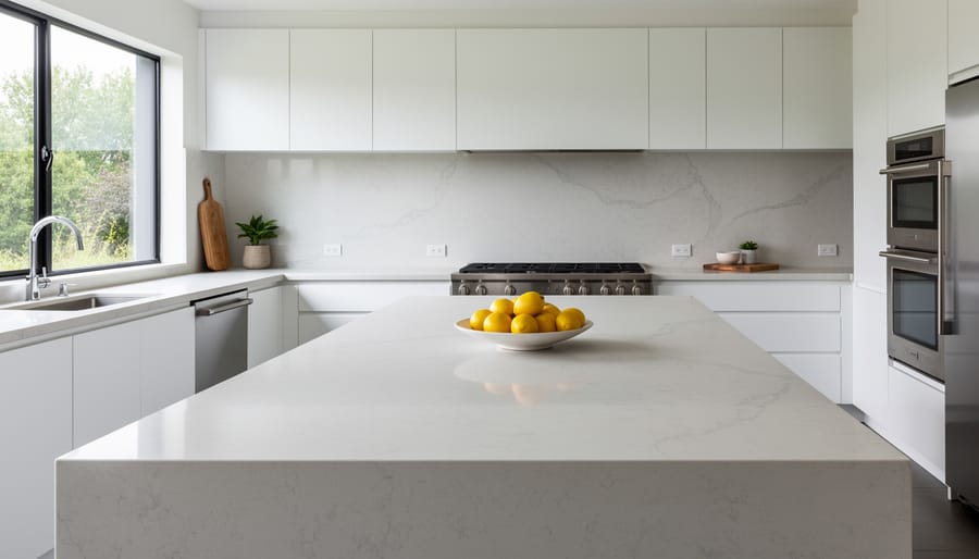 Modern kitchen featuring white and gray veined quartz countertops with island and perimeter installation