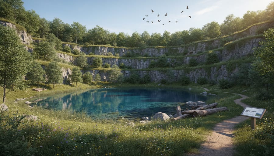 Rehabilitated stone quarry showing native plant regrowth and sustainable land management