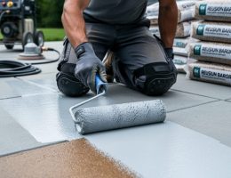 Contractor kneeling and rolling moisture barrier primer onto a cleaned, patched concrete slab, with pressure washer, grinder, and bags of stone aggregate softly blurred in the background.