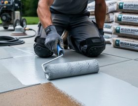 Contractor kneeling and rolling moisture barrier primer onto a cleaned, patched concrete slab, with pressure washer, grinder, and bags of stone aggregate softly blurred in the background.