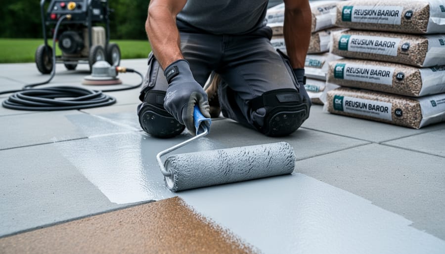 Contractor kneeling and rolling moisture barrier primer onto a cleaned, patched concrete slab, with pressure washer, grinder, and bags of stone aggregate softly blurred in the background.
