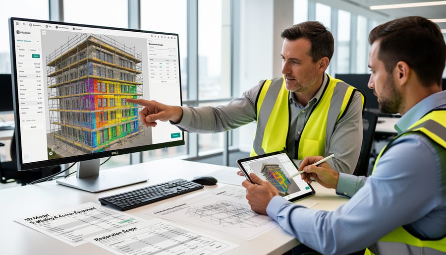 Scaffolding installed on historic stone building facade for restoration access