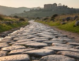 Low-angle view of a Roman stone road with tightly fitted paving stones and side drainage, extending through rolling countryside at golden hour.