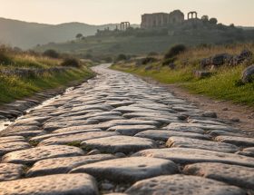 Low-angle view of a Roman stone road with tightly fitted paving stones and side drainage, extending through rolling countryside at golden hour.