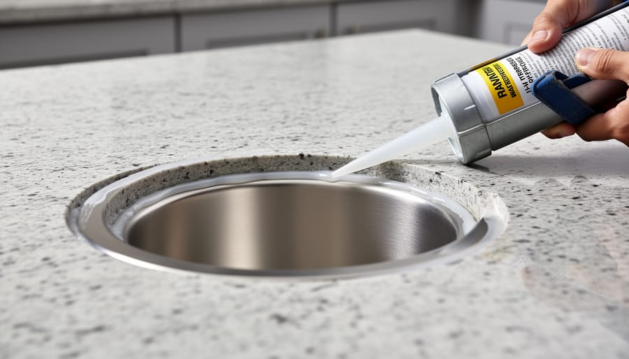 Close-up of hands applying silicone adhesive around undermount sink rim beneath granite