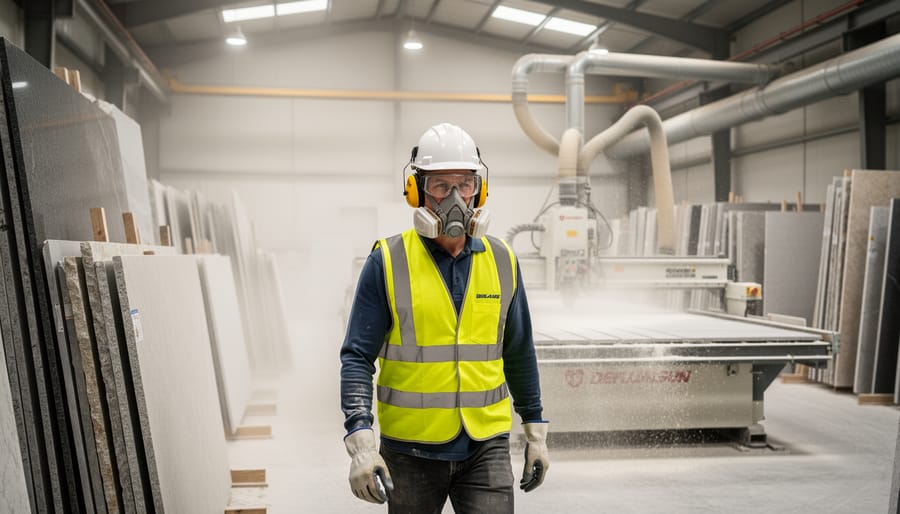 Worker's respirator mask covered in fine silica dust from stone processing
