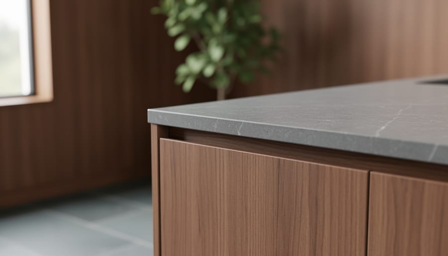 Close-up of a honed gray stone countertop meeting warm oak cabinetry in natural side light, with a blurred slate floor, walnut wall paneling, and an indoor plant in the background.