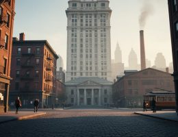 Early 20th-century street scene with a granite and limestone skyscraper casting long shadows over brick tenements, a small stone civic building, and a factory smokestack, with pedestrians and a streetcar in the distance at golden hour.