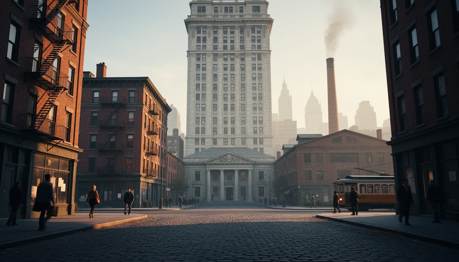 Early 20th-century street scene with a granite and limestone skyscraper casting long shadows over brick tenements, a small stone civic building, and a factory smokestack, with pedestrians and a streetcar in the distance at golden hour.
