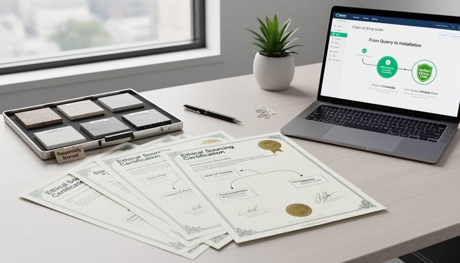 Hands reviewing certification documents with natural stone sample on countertop